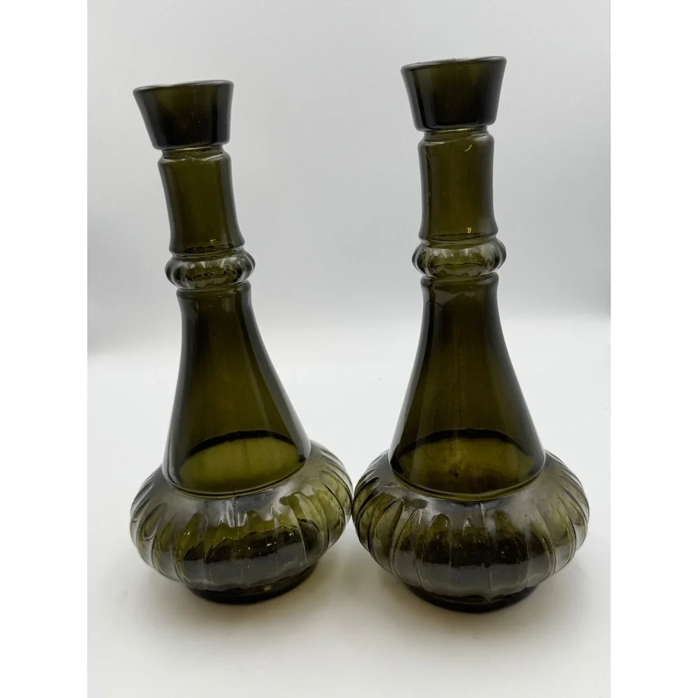 Vintage Olive Green Genie Bottle Decanters Set of 2 Mid Century Glass D-334 1964